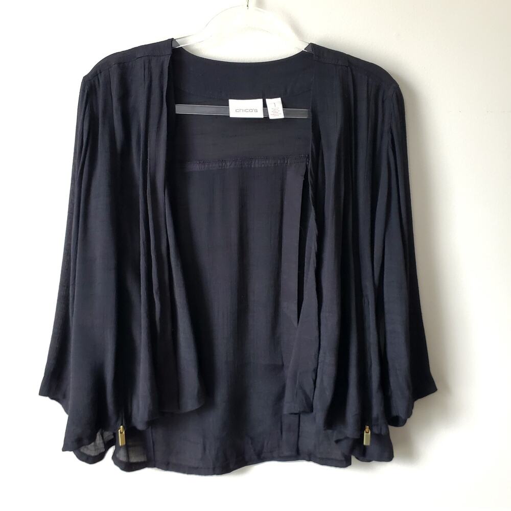 Chicos Women Black Sheer Gauze Cropped Jacket M Career Minimal Lagenlook Modern
